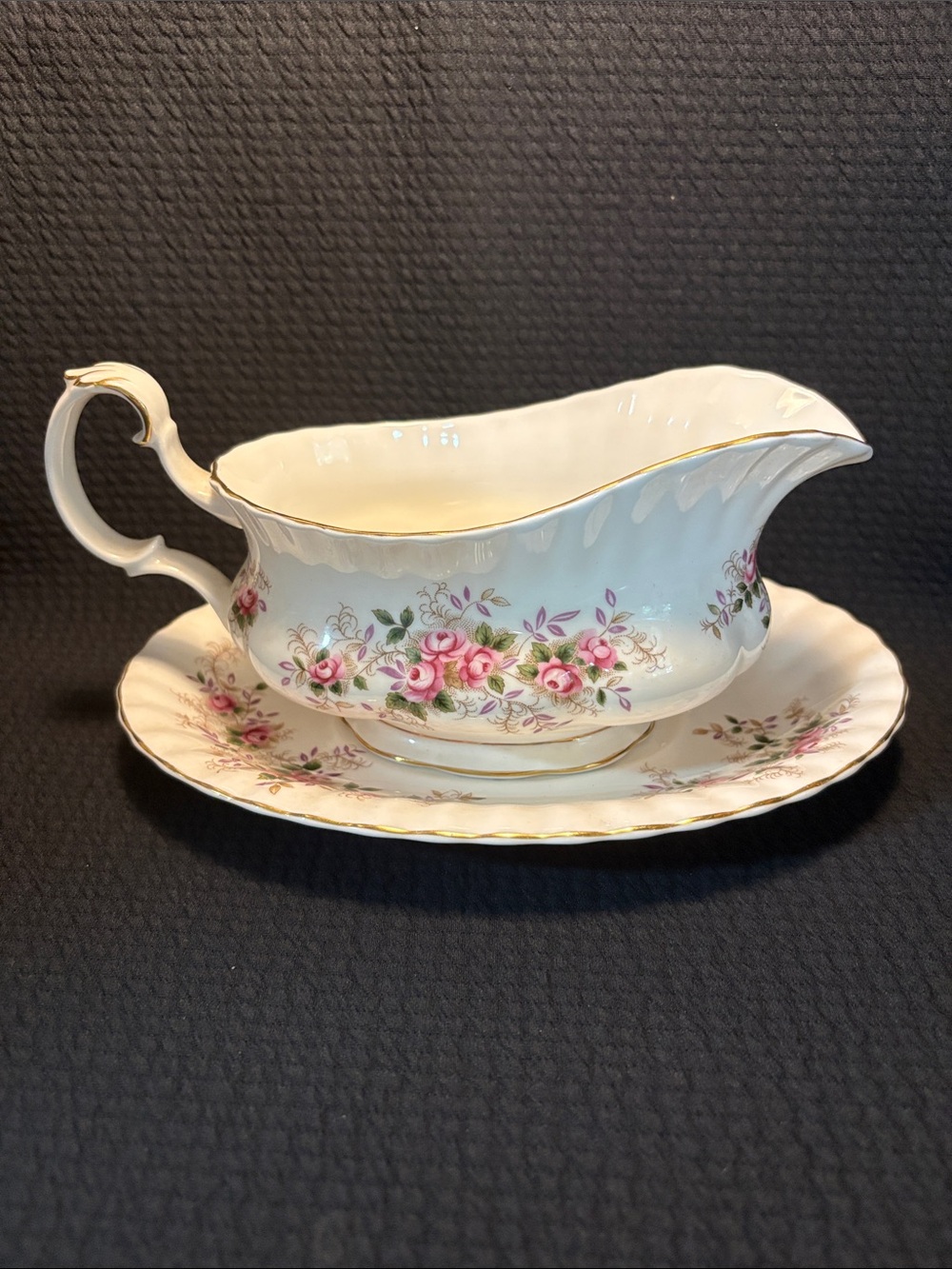 Lavender Rose Gravy Boat with Underplate. By Royal Albert 1961